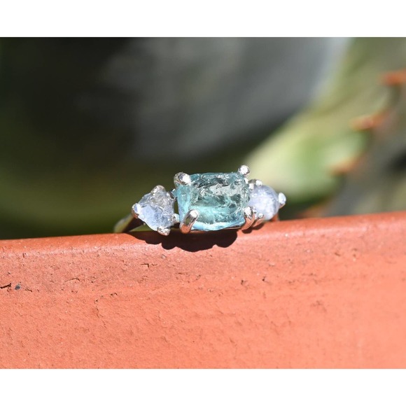 Raw Aquamarine Ring, Boho Engagement Ring, Handmade Sterling Silver Jewe… - Picture 1 of 3